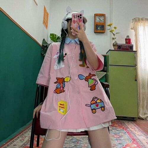 Street hip hop retro cute girl cartoon embroidery contrast loose size short sleeve shirt summer