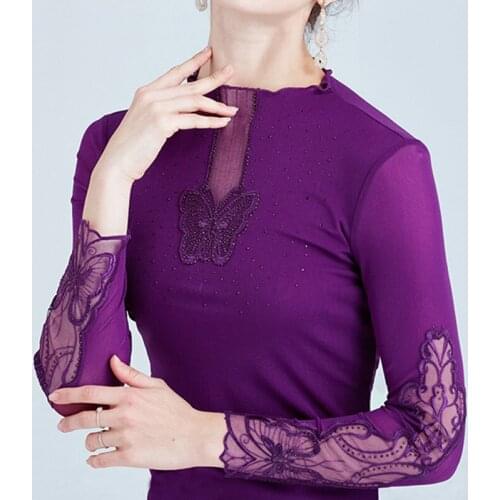 2021 New Spring Autumn Long Sleeve Womens T-Shirt Fashion Casual Hollow Out Mesh Tops Plus Size Butterfly embroidery tshirt