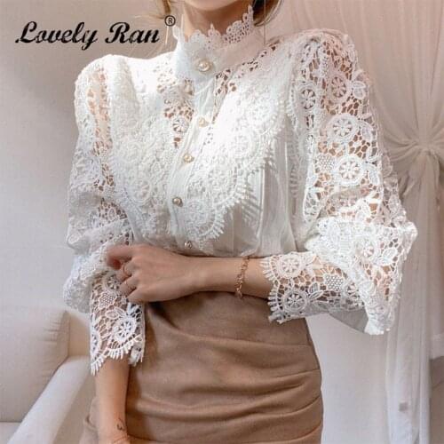 Lace Hollow Out Patchwork Women Shirts Spring Single Breasted Elegant Long Puff Sleeve Female Shirts 2021 Elegant Ladies Tops