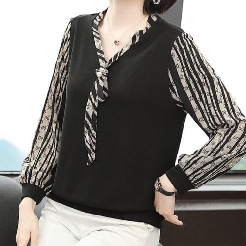 Womens Spring Autumn Style Blouse Shirt Womens Loose V-Neck Long Sleeve Patchwork Striped Korean Elegant Tops SP1088