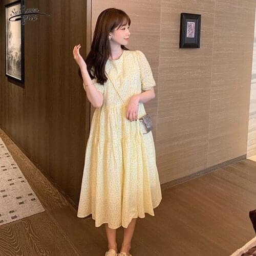Women Plus Size Midi Long Dress Short Summer Floral Dresses Sleeve French Elegant Yellow Casual Party Loose Dress Vestidos 15498