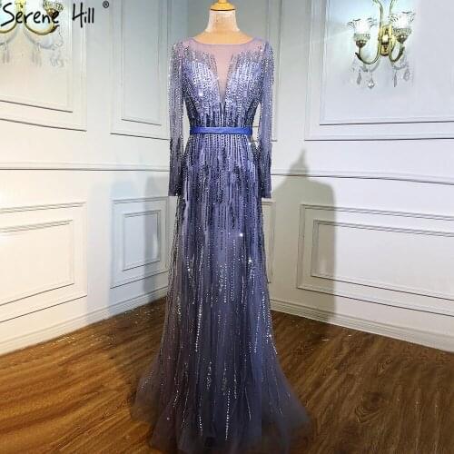 Blue Gold A-Line Luxury Evening Dress Long 2020 Sleeves Beading Sparkle Formal Gowns for Women BLA70323