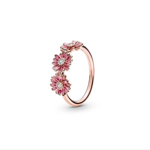 100% 925 Silver Creative Rose Gold Three Pink Daisy Chrysanthemum Ring For Women Wedding Party Gift Fashion Jewelry