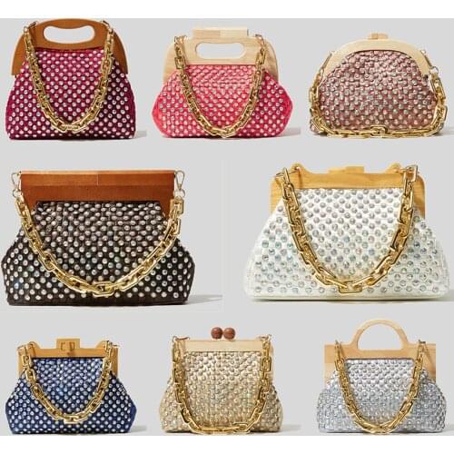 2021 Womens Handbag Shiny Rhinestone Party Shoulder Bag Wallet Luxury Diamond Thicken Chain Clutch Wooden Clip Shell