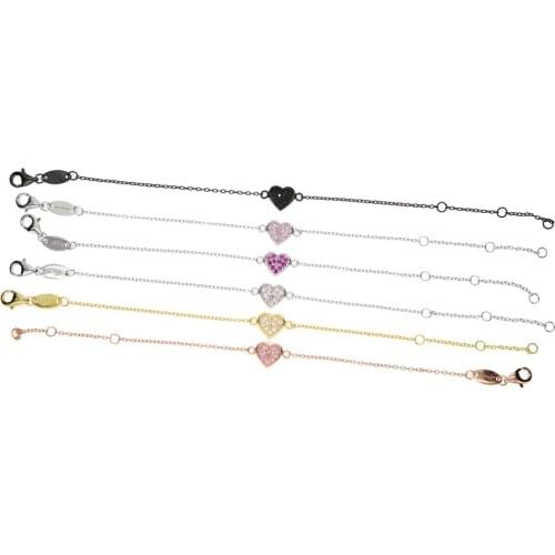 Cute lovely heart charm link chain bracelet various colored cz heart girl women silver jewelry