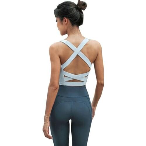 MID SUPPORT Naked-feel Running Gym Sport Bras Top Women Sexy Widen Straps Back Cross Hollow Out Workout Athletic Yoga Bra