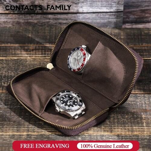 CONTACTS FAMILY Double Watch Case Bag Holder Vintage Cow Leather Zipper Travel Watch Display Storage Box Case Pouch Organizer
