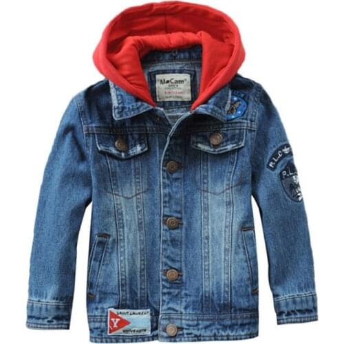 Denim Jacket For Boys With Red Hood Fashion Casual Style Kids Denim Jacket Children 2-14 Years Outwear LM091