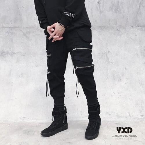 Ribbons Harem Joggers Men Cargo Pants Streetwear Autumn Hip Hop Casual Pockets Zipper Track Pants Male Harajuku Fashion Trousers