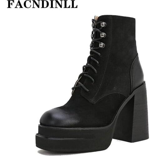 European American Fashion Round Toe Zipper Womens Ankle Boots Shoes Super High Thick Heel Genuine Leather Short Boots Women 40