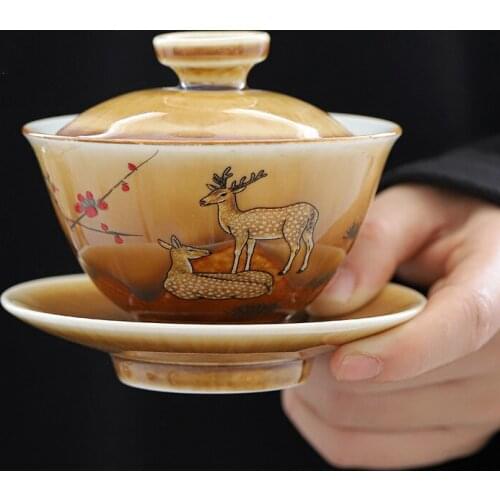 Porcelain Hand Painted Landscape Kung Fu Gaiwan Ceramic Tureen Antique Handmade Tea Bowl with Cover Creative Office Teacup