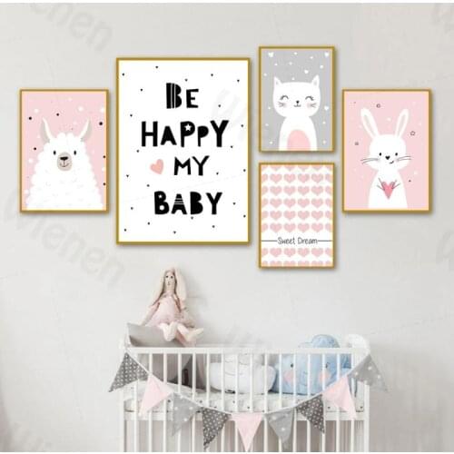Cartoon Animal Canvas Painting Pink Heart Rabbit Sheep Happy Quotes Children Decoration Poster Baby Room Nursery Wall Art Mural