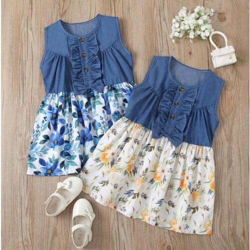 Summer Girls Floral Dress Baby Girls Round Neck Sleeveless Ruffled Chest Leisure Patchwork Casual Dresses Sundress