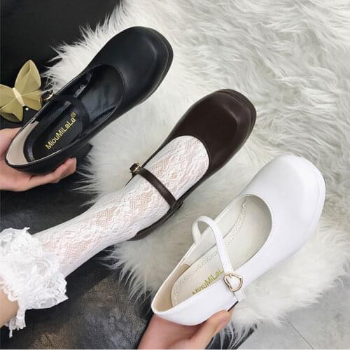 College style student sweet lolita shoes square head thick heel women shoes one-word buckle high-heeled shoes kawaii girl cos