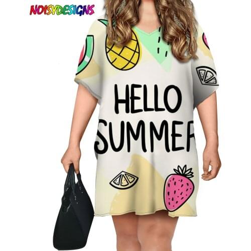 NOISYDESIGNS 2021 Women Short Sleeves O-Neck Loose Short Dress Hello Summer Printed Sundress Fruits Summer Ladies Beach Dress