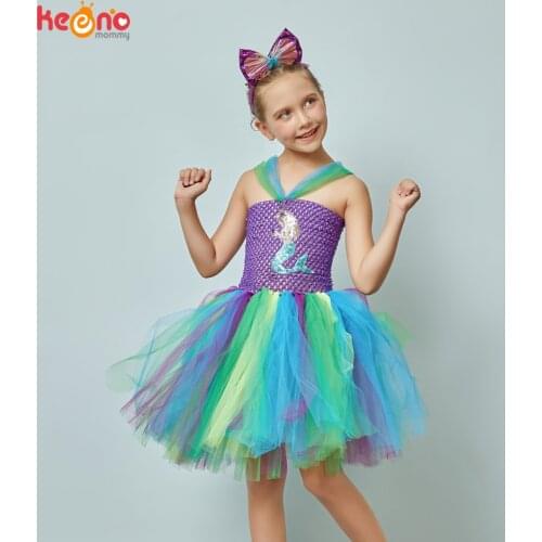 Little Mermaid Girls Tutu Dress with Headband Handmade Kids Tutu Birthday Costume Ocean Themed Party Halloween Girl Dresses
