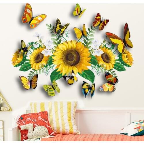 Sunflowers Wall Stickers for Living Room Kids Room Bedroom Wall Decal Butterflies Home Decoration Home Decor Murals