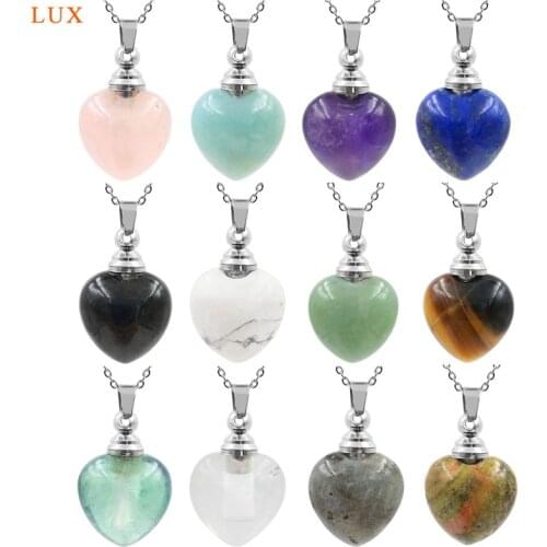 Natural Fashion Heart Shape GemStones Amethyst Pendants Rose Crystal Perfume Bottle Healing Pendants Necklace Jewelry for Women