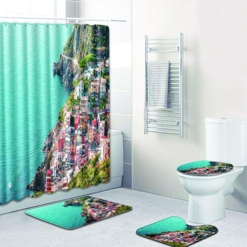 Seaside City Scenery 4pcs/set Shower Curtain Pedestal Rug Lid Toilet Cover Mat Bath Set Bathroom Curtains with 12 Hooks