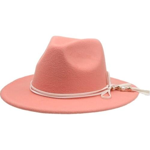 Women hats felted men caps panama wide brim solid rope belt fringe elegant outdoor fedora hats khaki camel black white men hats