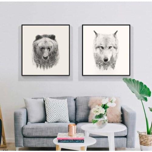 Yumeart Black White Bear Wolf Bison Poster Art Prints Buffalo Bull Animal Wall Pictures Canvas Poster Living Room Decoration