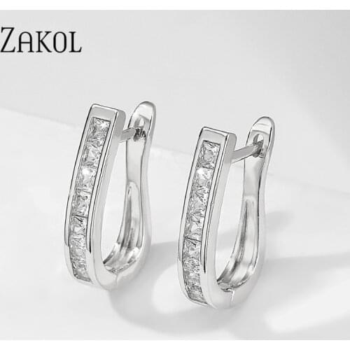 ZAKOL Fashion Simple AAA Round Cubic Zirconia U Shape Stud Earrings for Women Lovely Crystal Party Daily Jewelry Dropshopping