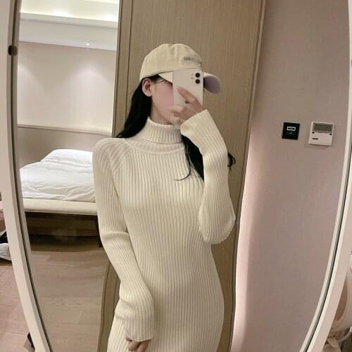 Women Korean Turtleneck Thread Hole Strip Mid-length Knitted Sweater Pullover Dress