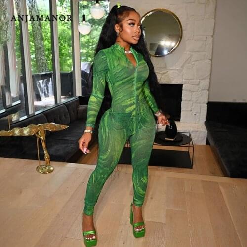 ANJAMANOR Sexy Clubwear Jumpsuit One Piece Outfit Women 2021 Fall Fashion Long Sleeve Bodycon Rompers Wholesale Items D85-CC24