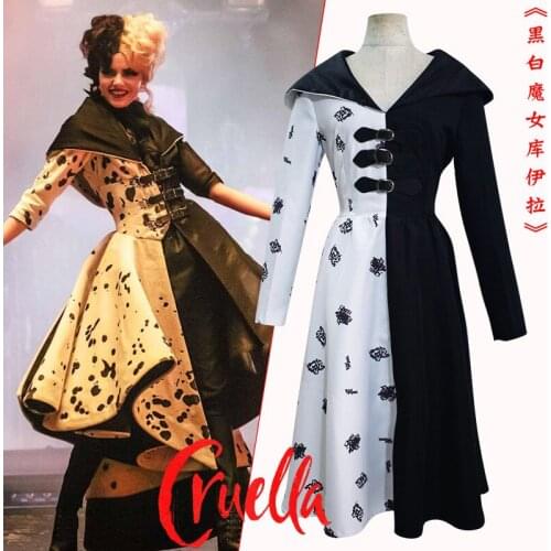 Evil Madame Cruella De Vil Cosplay Costume Dress Gown Black White Maid Dress Gloves Hoodie Halloween Carnival Costume
