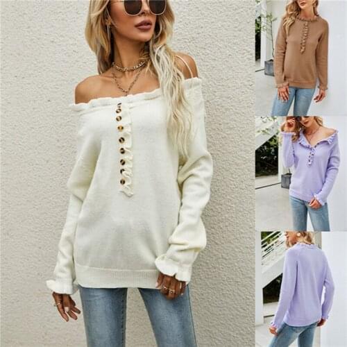 Women Autumn Winter Sweater Solid Color Off-Shoulder Long-Sleeves Knitted Frilly Pullover Tops for Girls 3 Colors