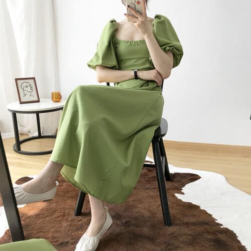 Avocado green temperament dress womens summer French orange stalk long skirt retro design sense niche waist thin