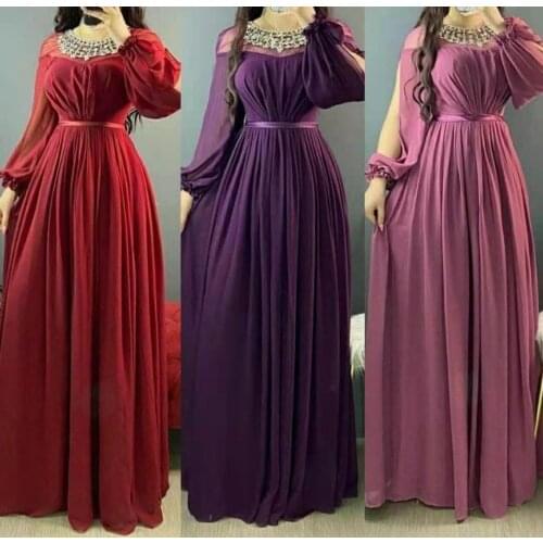 Long Sleeve Red Chiffon Prom Dresses with Pockets Beaded Dusty Pink Robe De Soiree Formal Pleated Party Dresses for Women