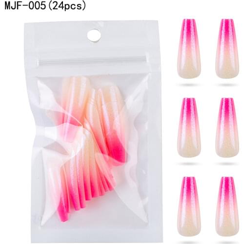 24pcs Gradient Pink Long False Nails Coffin Glitter Stick on Nails Decoration Full Cover Ballerina Artificial Fake Nail Art Tips