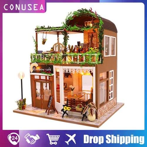 Handmade Coffee store DIY 3D doll house Wooden miniature house toy constructor for children Furniture Kit Birthday Gift Girls