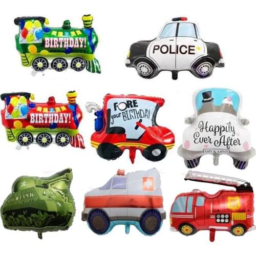 Big Pickup Trucks Tank Train Police Cars Foil Balloons Happy Birthday Party Decorations Fire Car Childrens Balloon Boys Toys