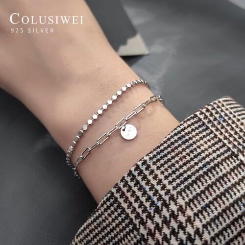 Colusiwei Real 925 Sterling Silver Lettering Lucky Coin Double Layer Geometric Bracelet for Women Link Chain Bangle Fine Jewelry