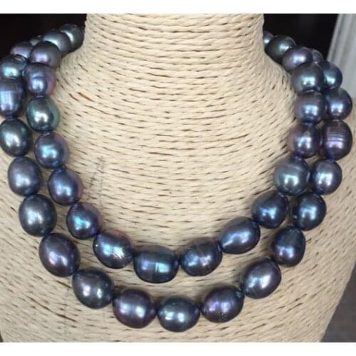 Double strands 14-15mm south sea peacock green baroque pearl necklace 18"19"