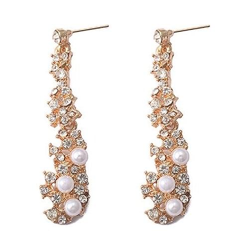 Elegant Twinkling Clear Crystal White Simulated Pearl Beads Dangle Earrings Exaggerated Golden Drop Earrings For Women