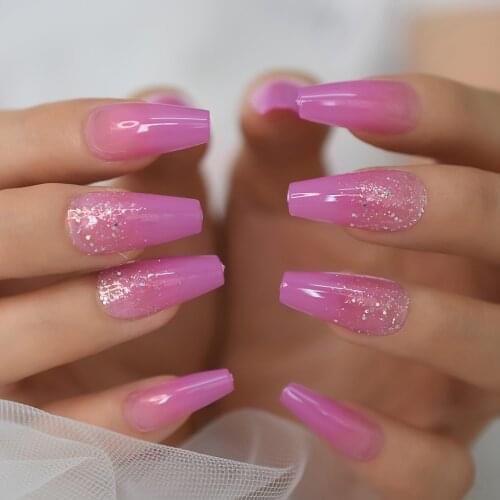 Holo Glitter Pink Press on Nails Coffin Medium Length Long False Ballerina Fake Nails for Women Girls Salon Acrylic Nails Kit