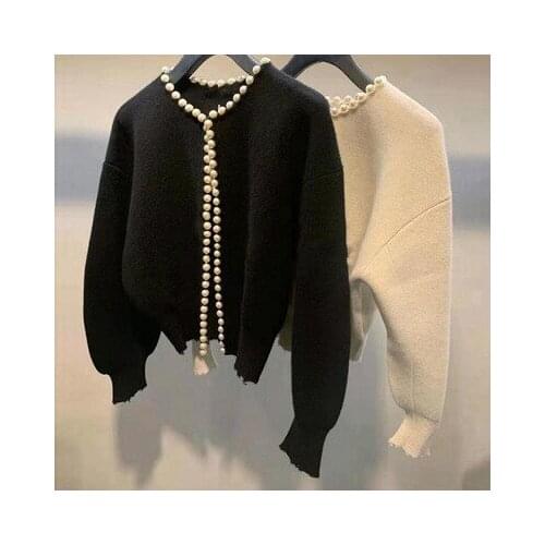 JESSIC 2021New Fashion Korean Jackets Pearls Cardigan Batwing Sleeve Wool Knit Vintage Womens Coat High Quality Jacket