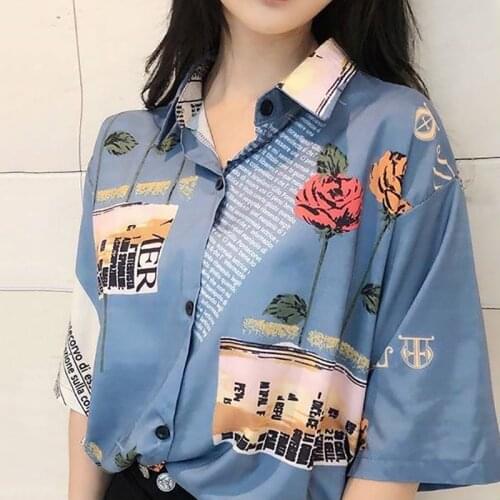 DAXIN Summer Girls Retro Blouse Rose Print Short Sleeve Blouses Polo Shirts Women Floral Chiffon Blouse Loose Top