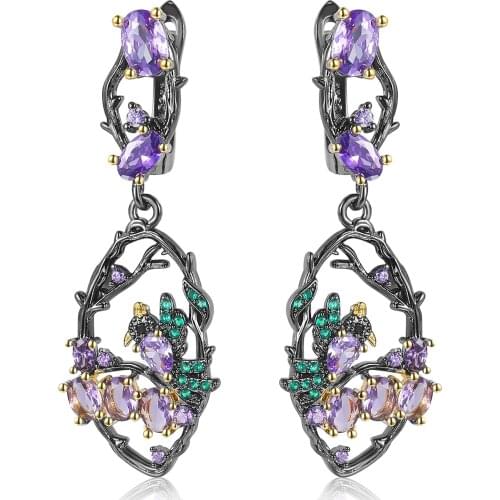 CIZEVA Cute Little Bird Purple Zircon Jewelry Elegant Black Gold Earring 925 Silver Long Earrings for Women Silver 925 Jewelry