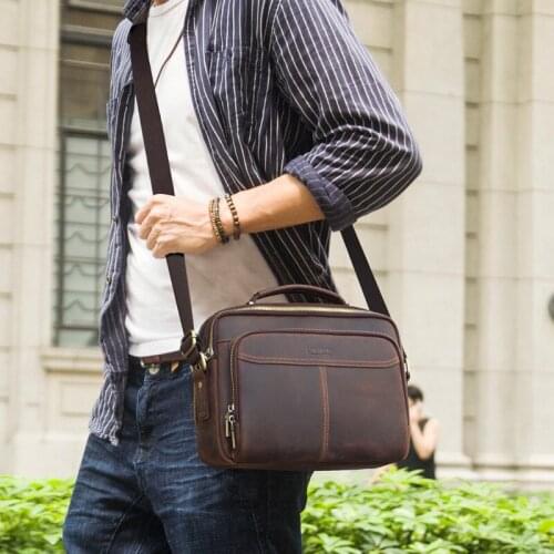 Mens Genuine Leather Shoulder Bag Male Crossbody Bags Crazy Horse Men Briefcase Small Business Work Messenger Bag For IPAD 2021