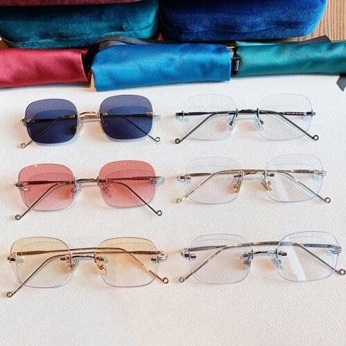 SO&EI Fashion Small Rectangle Rimless Sunglasses Women Vintage Clear Ocean Lens Anti-Blu-ray Eyewear Men Ultralight Sun Glasses