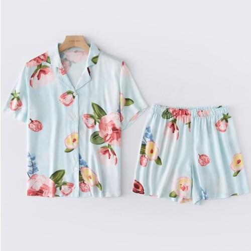 2021 Summer Pajamas Womens Satin Korean Style Peony Fresh Short Sleeve Shorts Two Piece Sets Pantalones Cortos De Mujer