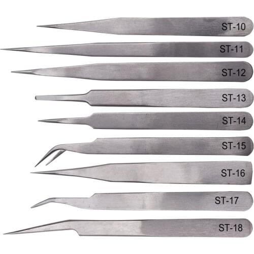 ST 10/11/12/13/14/15/16/17/18 Stainless Steel Eyelash Industrial Precision Curved Straight Electronic Tweezer Repair Tools