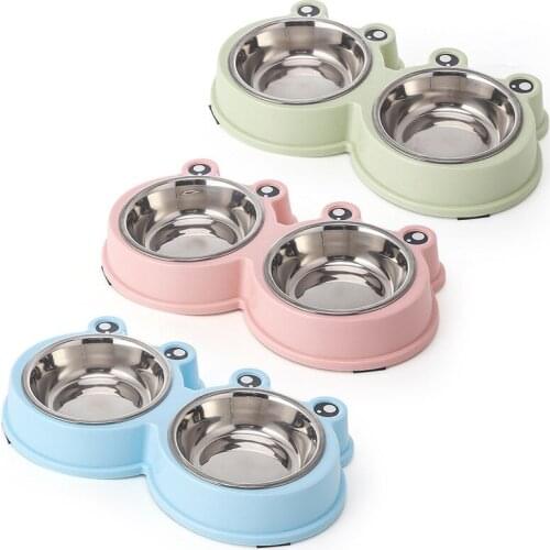 Candy Color Cartoon Big Eyed Frog Stainless Steel Pet Double Bowl Pet Cat And Dog Food Tableware