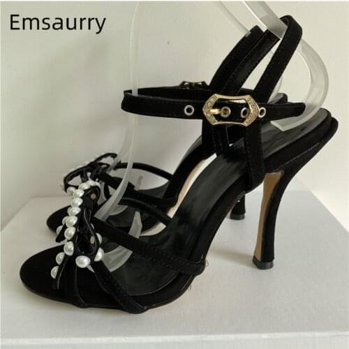 Beading Pearl Butterfly-Knot Sandal Women Summer 10cm Thin High Heel Ankle Strap Luxury Suede Party Sandalias Mujer