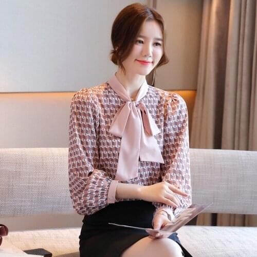 Spring Summer Women Chiffon Blouses Lady Chic Lanter Sleeve Bow Tie Geometric Printed Blusas Female Casual Plus Size Shirts Tops