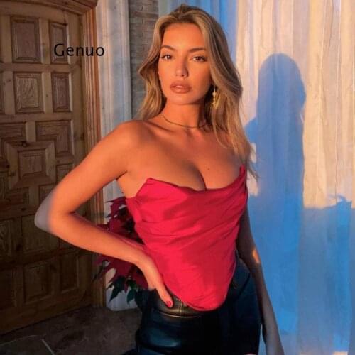 Structured Boning Satin Mesh Bustier Top Solid Red Women Sexy Outfits Sleeveless Celebrity Pink Corset Crop Tops